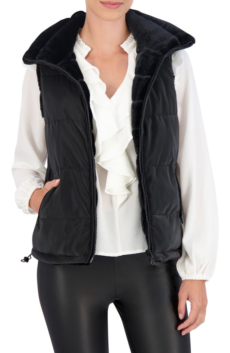 Ookie & Lala Water Resistant Reversible Faux Fur Puffer Vest, Alternate, color, Black