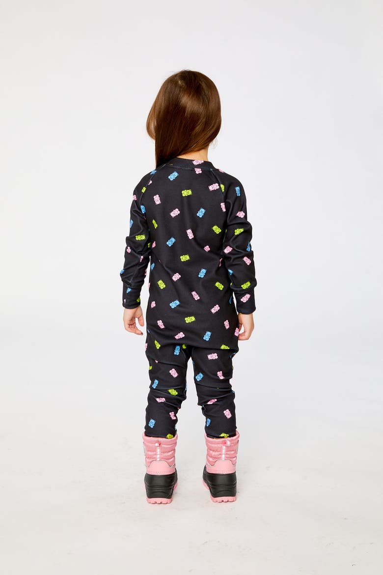One Piece Gummy Bears Fleece Zipper Asymmetric Thermal Underwear, Alternate, color, Black Printed Gummy Bears