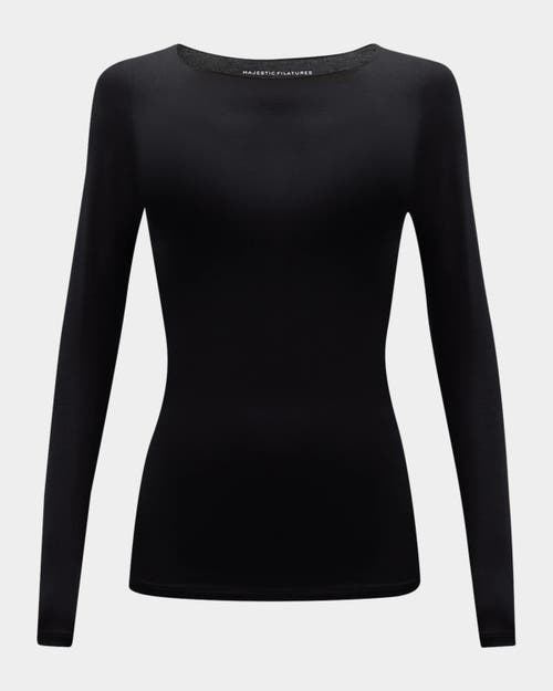 Majestic Filatures Soft Touch Long Sleeve Merrow Edge Boatneck T-shirt In Black