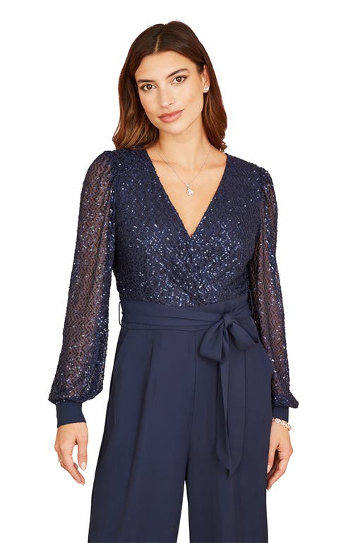 Yumi Long Sleeved Sequin Jumpsuit In Blue