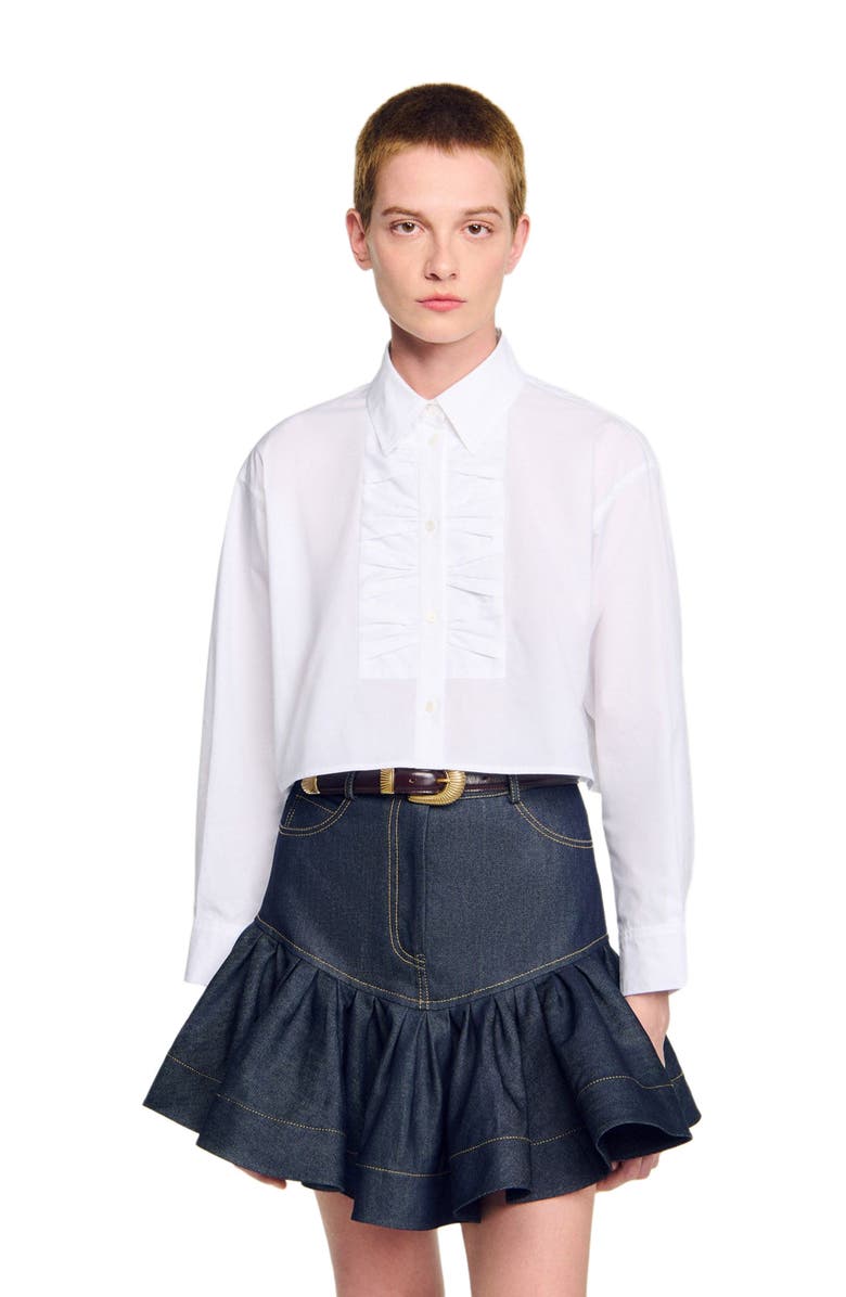 SANDRO Cropped shirt with bow details, Alternate, color, White