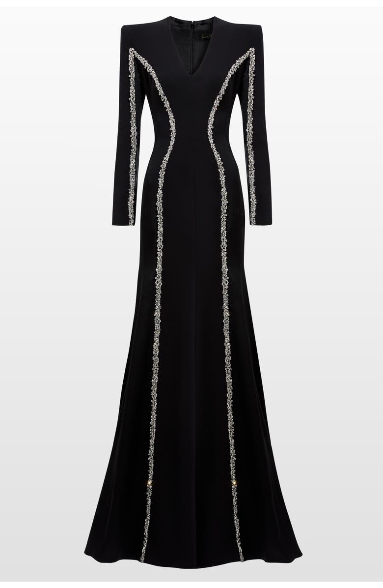 Jenny Packham Ghost Orchid Embellished Long-Sleeve Maxi Dress, Main, color, Liquorice