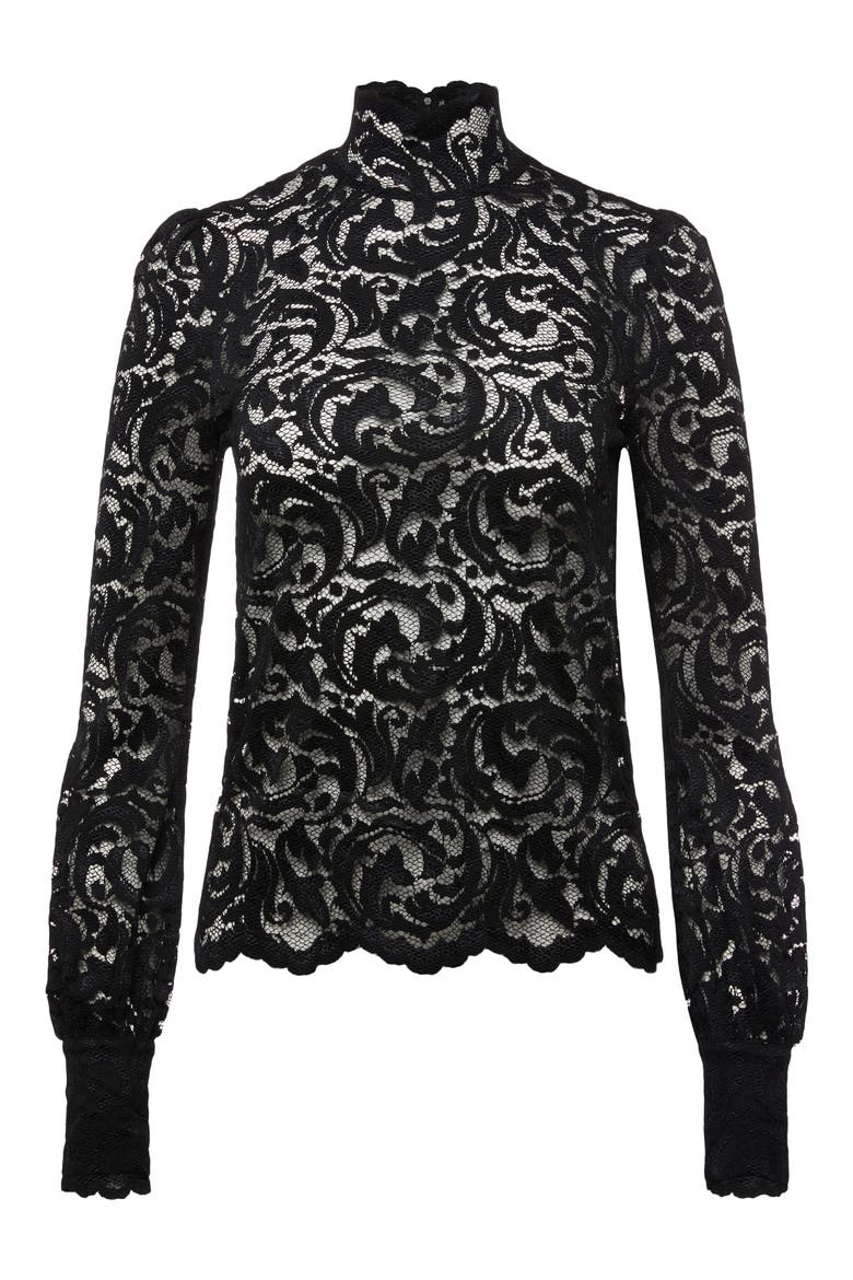 Sheer Lace Bishop Sleeve Blouse, Alternate, color, BLACK