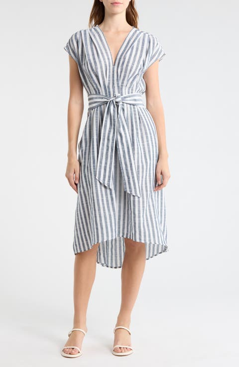Stripe Tie Front Cotton Blend Dress