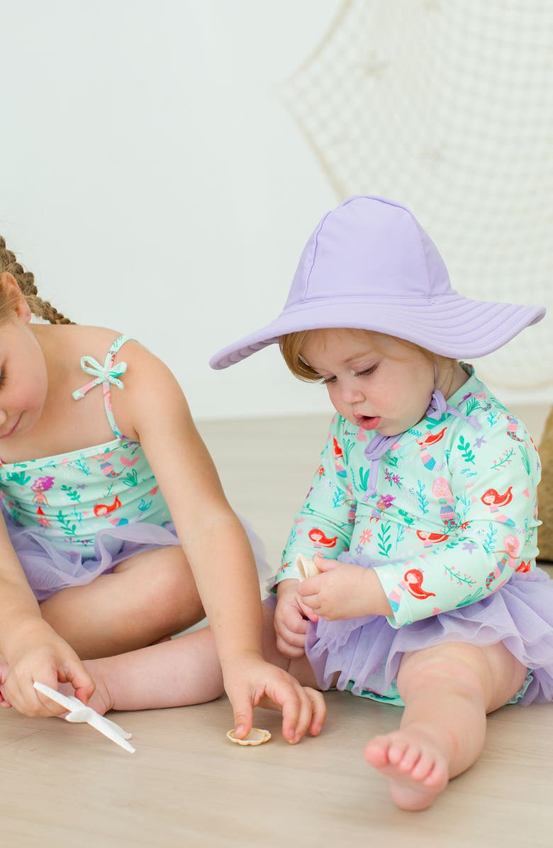 RuffleButts Mermaid Skirted One-Piece Rashguard Swimsuit & Sun Hat Set, Alternate, color, 