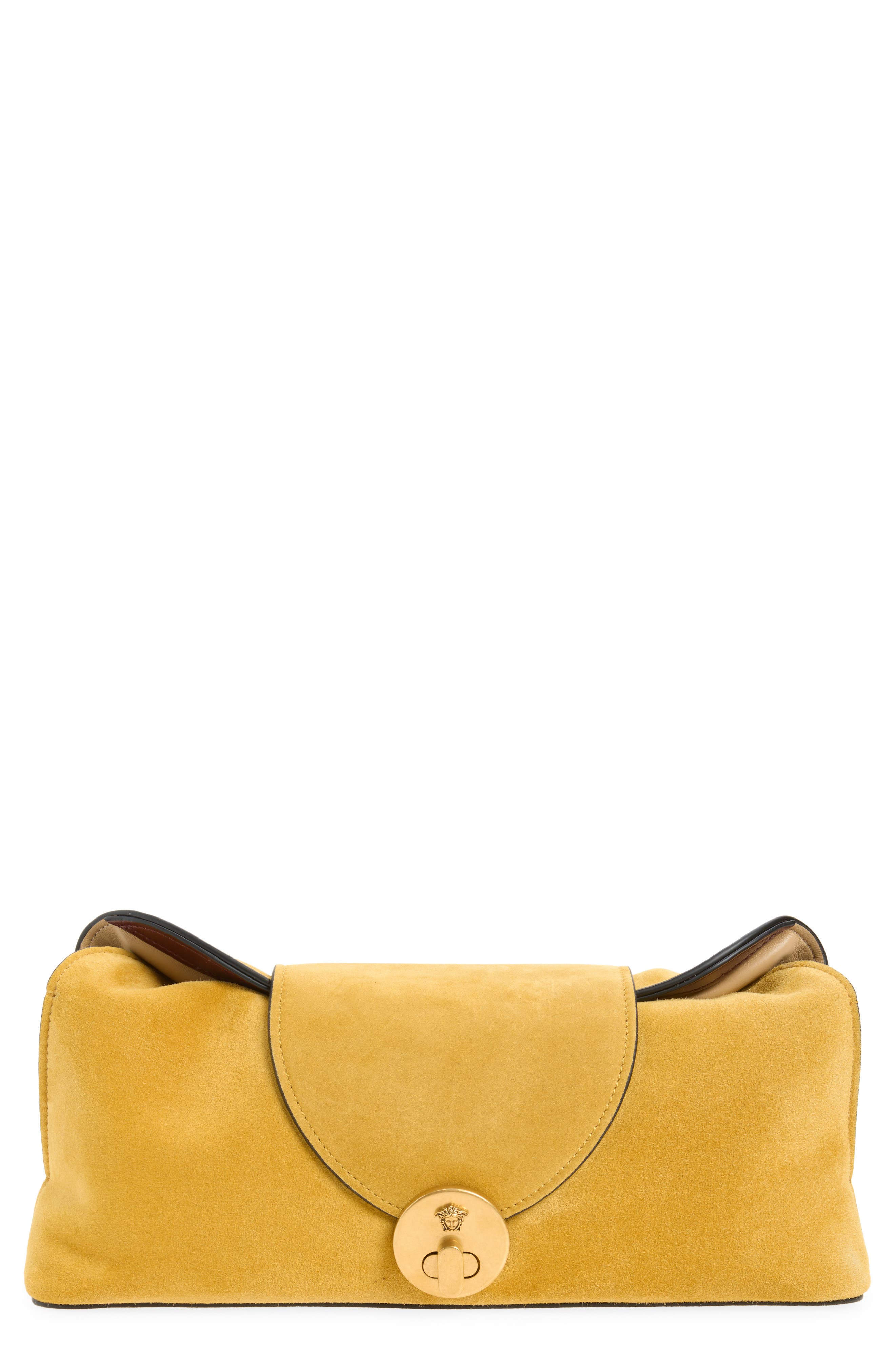 Medusa Suede Clutch, Main, color, MUSTARD GOLD