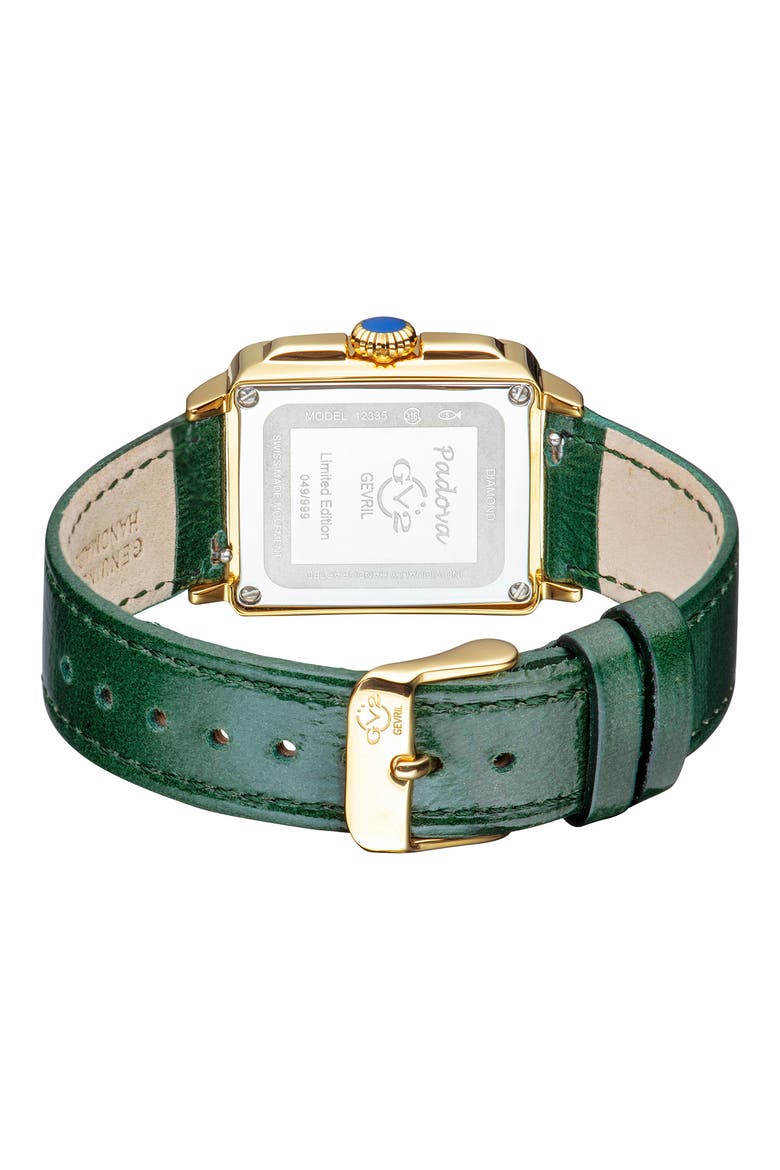 GEVRIL Women's Padova Gemstone Leather Strap Square Watch, 27 mm x 30 mm - 0.0116 ctw, Alternate, color, GREEN