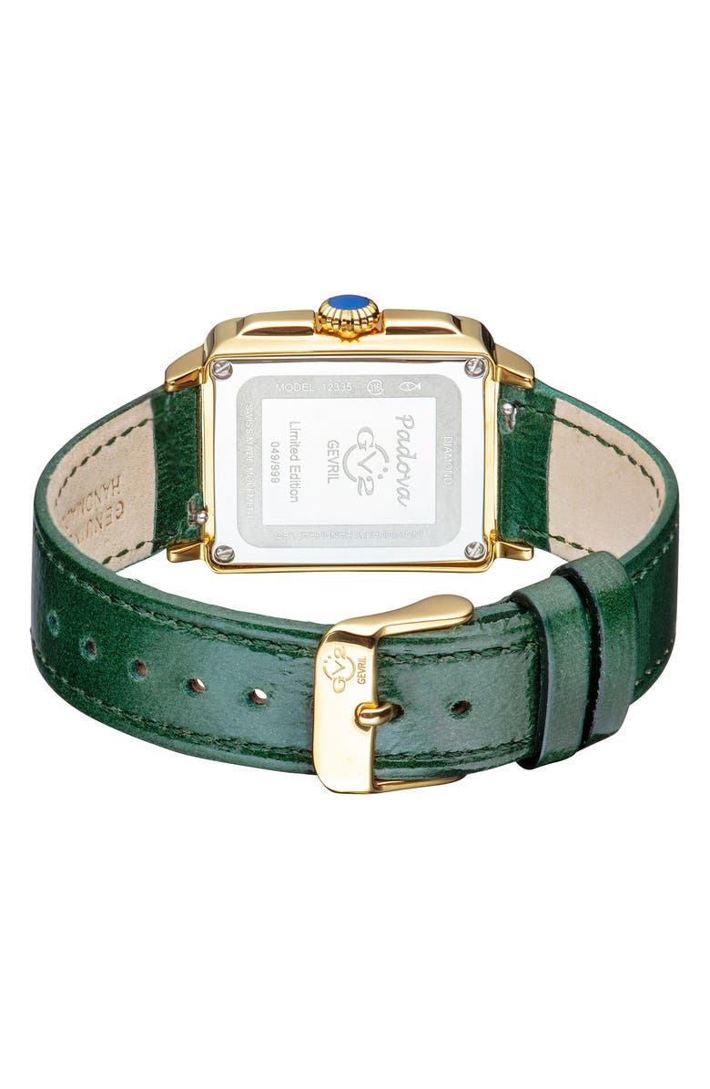 GV2 GEVRIL Women's Padova Gemstone Leather Strap Square Watch, 27 mm x 30 mm - 0.0116 ctw, Alternate, color, Green