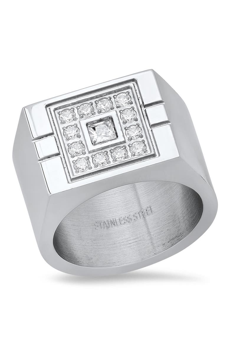 Stainless Steel Simulated Diamond Signet Statement Ring, Main, color, METALLIC