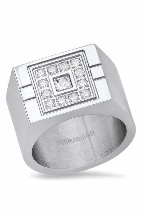 HMY JEWELRY Stainless Steel Simulated Diamond Signet Statement Ring