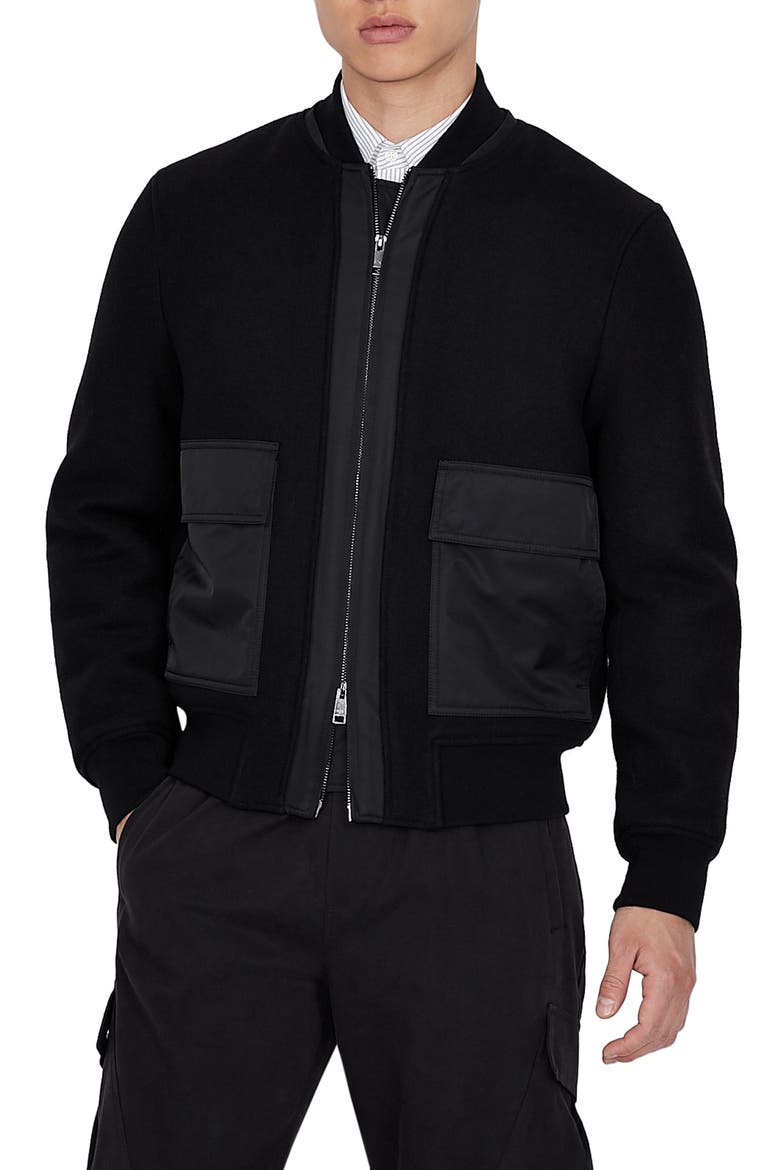 AX Armani Exchange Wool Bomber Jacket, Main, color, SOLID BLACK