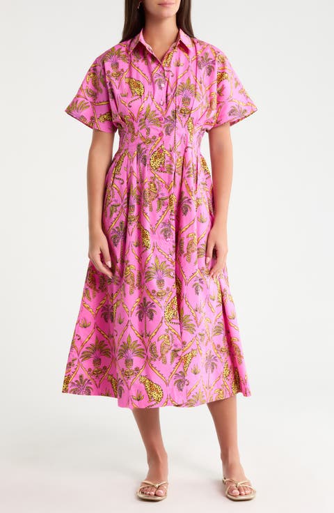 Wilderra Pleated Cotton Midi Shirtdress