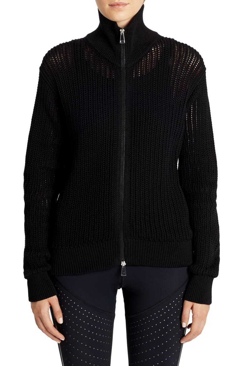 Zip Turtleneck Cotton Cardigan, Alternate, color, BLACK