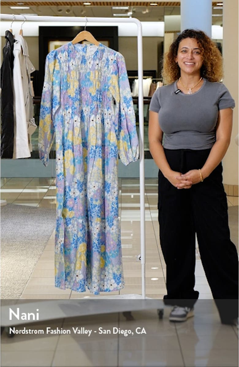 Floral Long Sleeve Shirred Bodice Cotton Maxi Dress, sales video thumbnail