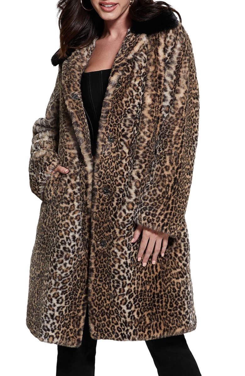GUESS Petra Leopard Print Faux Fur Coat, Main, color,