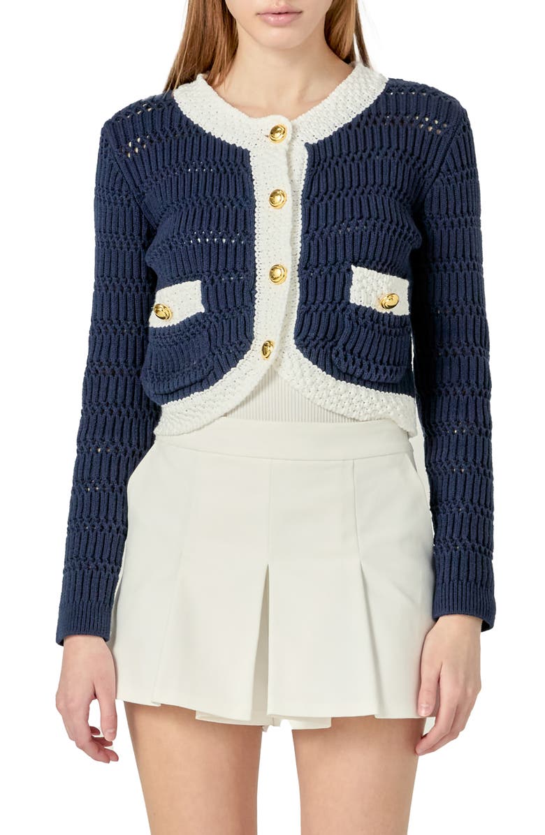English Factory Contrast Crop Cardigan, Main, color, Navy/ White