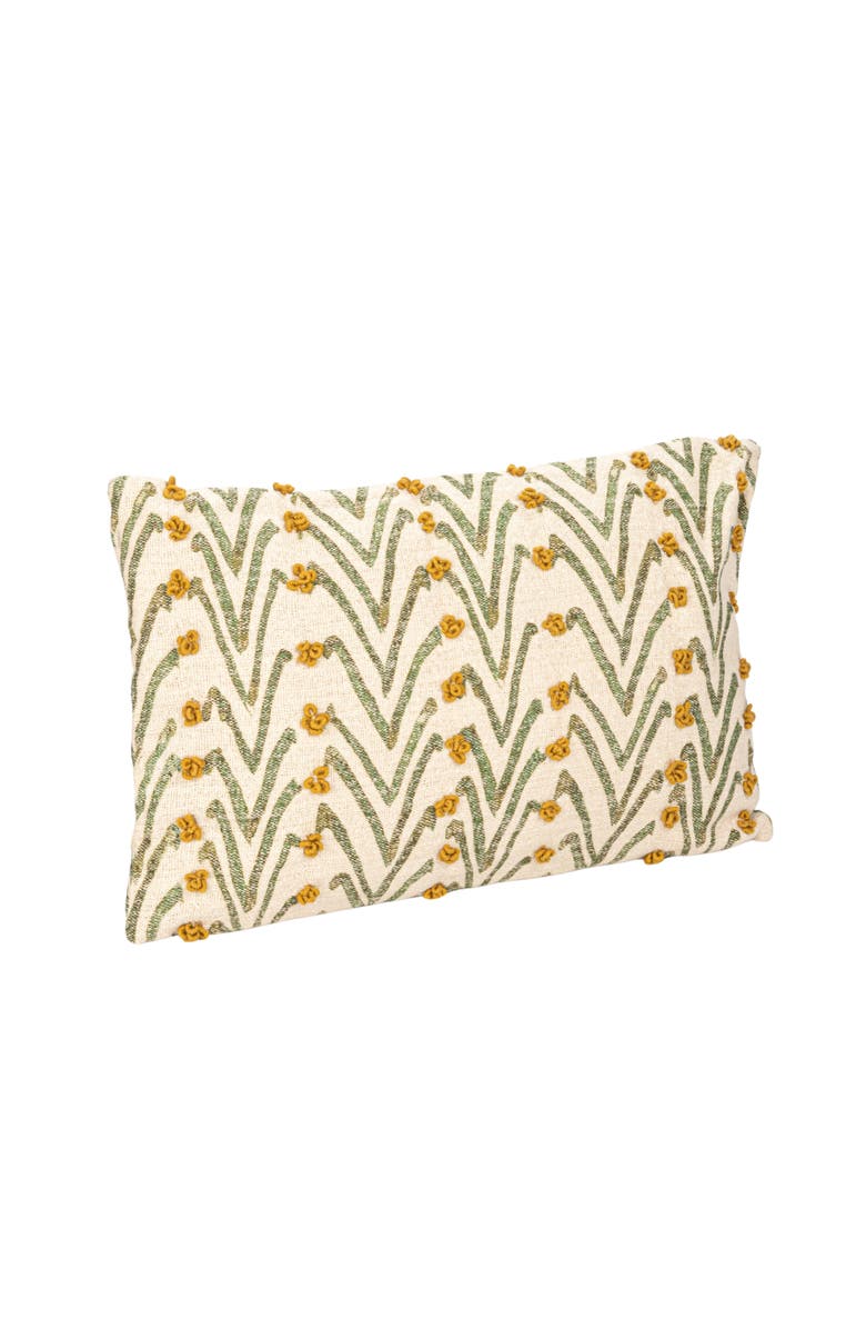 Storied Home Woven Cotton Blend Printed Lumbar Pillow with Floral Pattern and French Knots, Natural, Green and Mustard, Main, color, Blue