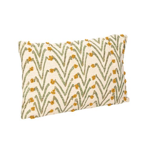 Woven Cotton Blend Printed Lumbar Pillow with Floral Pattern and French Knots, Natural, Green and Mustard