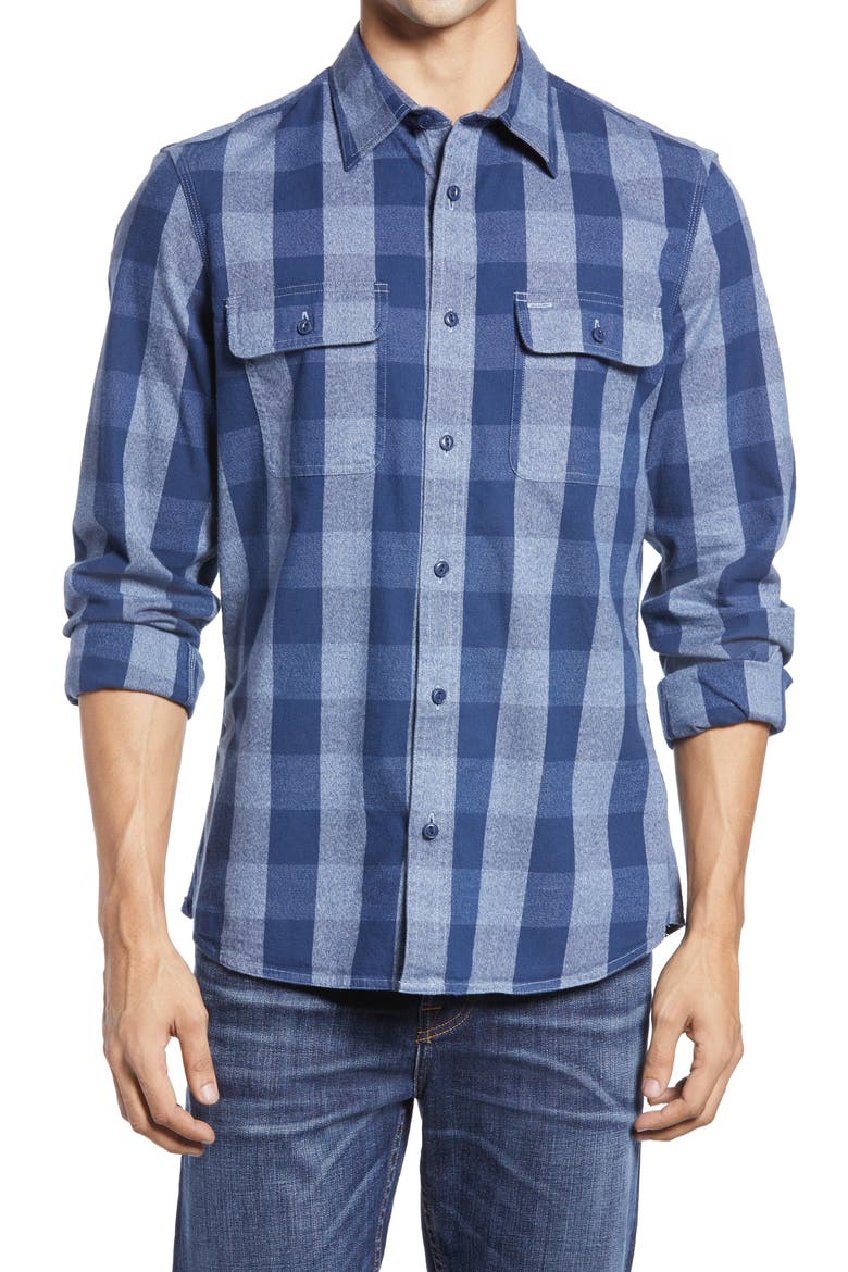 Trim Fit Buffalo Check Stretch Flannel Button-Up Shirt, Main, color, NAVY GREY JASPE BUFFALO