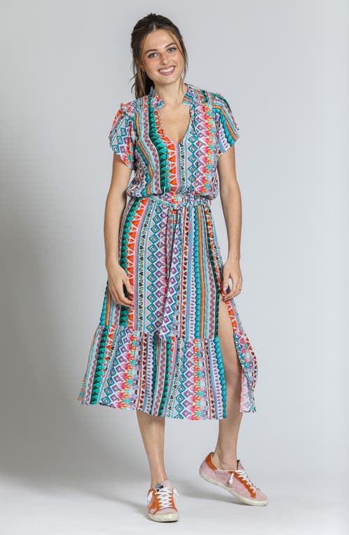 Apny Print Short Sleeve Midi Dress In Turquoise Multi