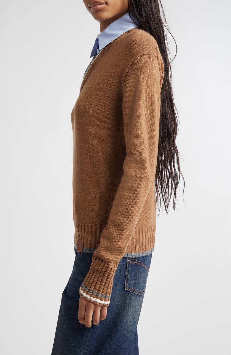 Stella McCartney Hybrid Knit Virgin Wool & Cotton Shirting Sweater, Alternate, color, Caramel