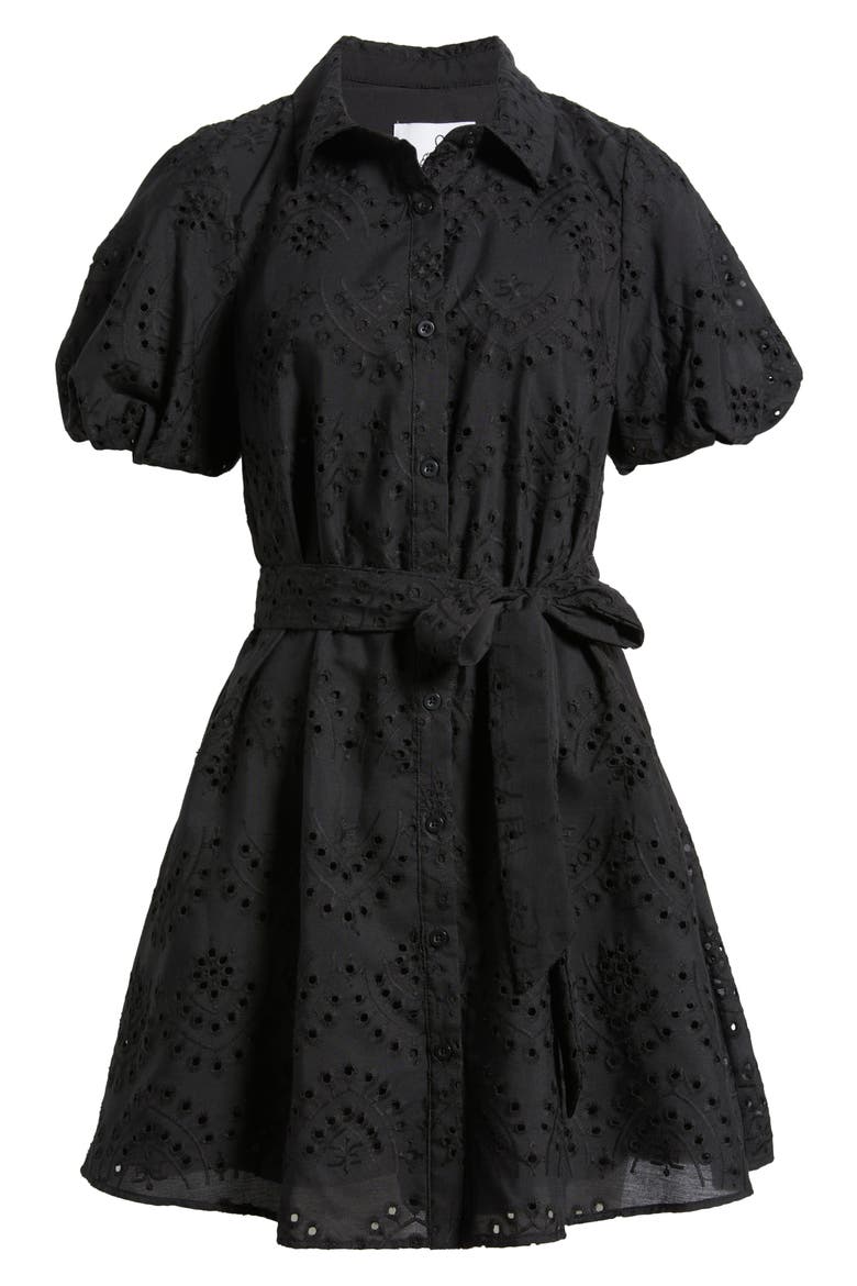 Puff Sleeve Eyelet Shirtdress, Alternate, color, BLACK