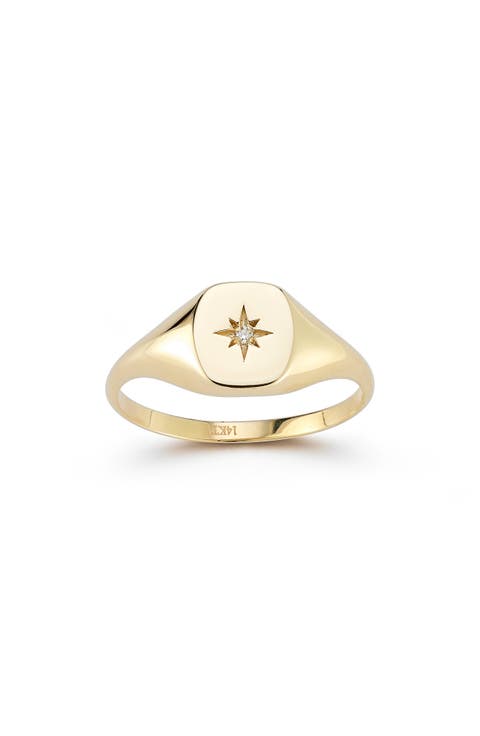 14K Gold Diamond Star Signet Ring - 0.01ct.