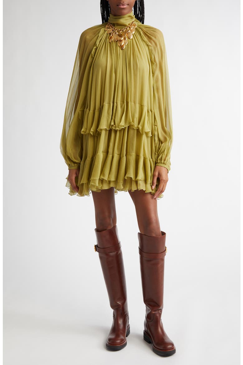 Tiered Ruffle Semisheer Long Sleeve Silk Top, Main, color, DESERTED FOREST