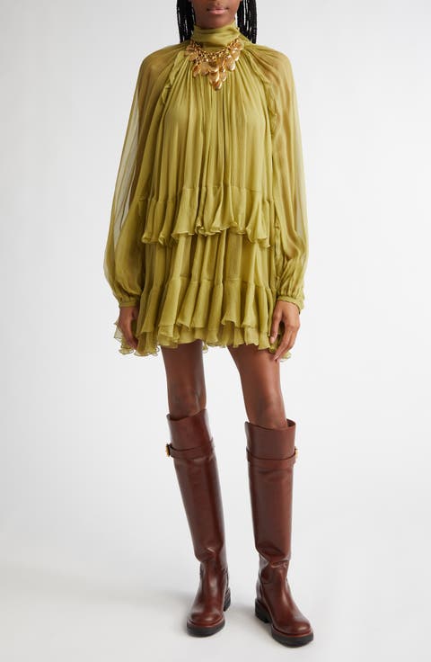 Tiered Ruffle Semisheer Long Sleeve Silk Top