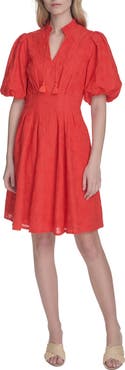 Eliza J Floral Embroidered Puff Sleeve Cotton Fit & Flare Dress