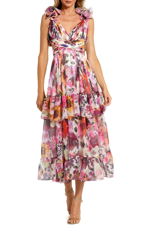 Ruffle Tiered Cut-Out Floral Chiffon Dress