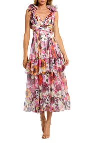 Mac Duggal Ruffle Tiered Cut-Out Floral Chiffon Dress