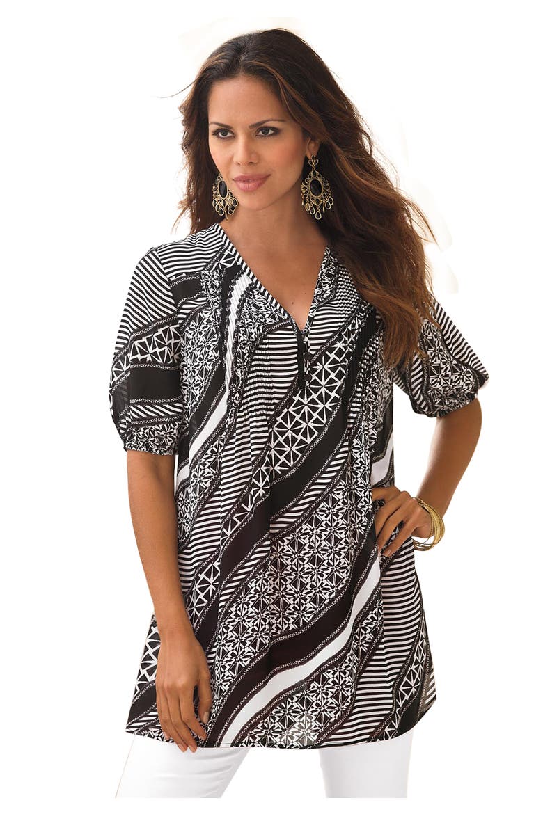 Printed Y Neck Georgette Top, Main, color, WHITE MIXED GEO