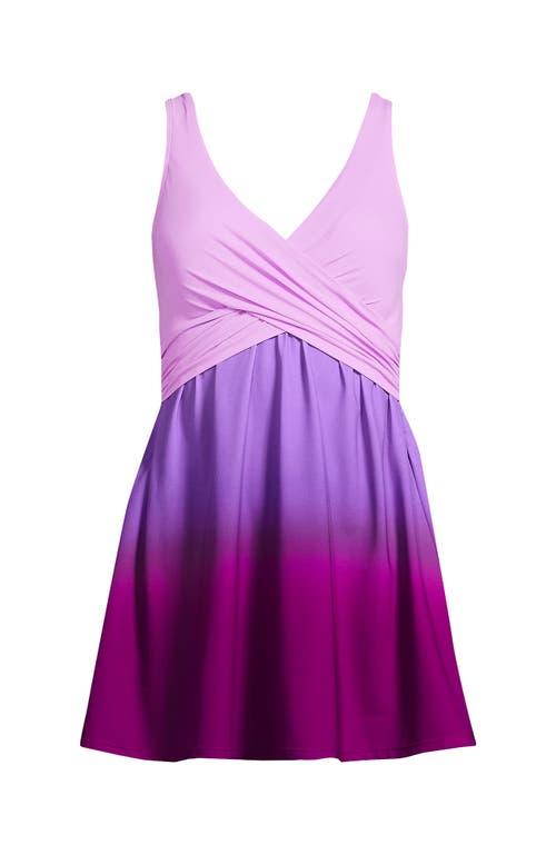 Lands' End Slendersuit V-neck Wrap Swim Dress One Piece Swimsuit Adjustable Straps In Crimson Rose/purple Ombre