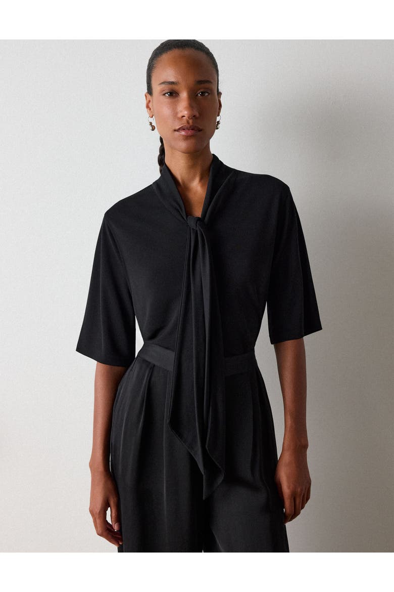 Short Sleeve Tie-Neck Jersey Top, Main, color, Black