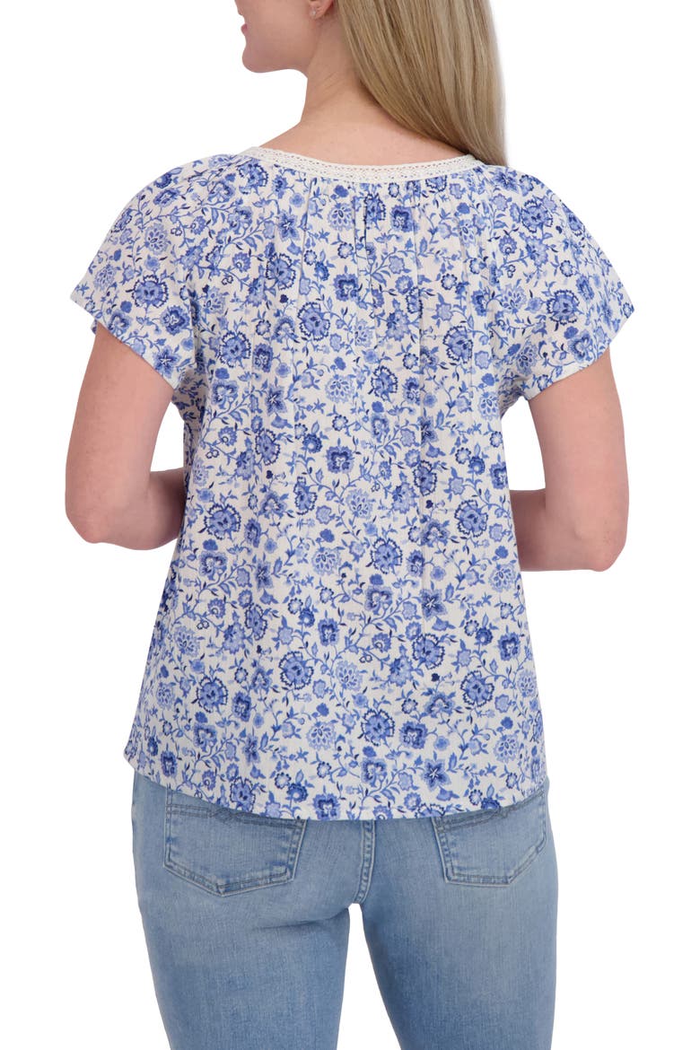 Floral Lace Trim Cotton Babydoll Top, Alternate, color, BLUE MULTI