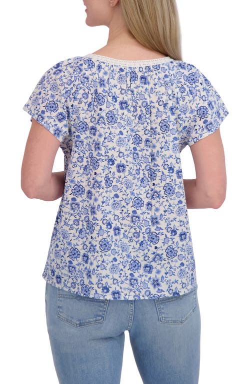 Lucky Brand Floral Lace Trim Cotton Babydoll Top In Blue Multi
