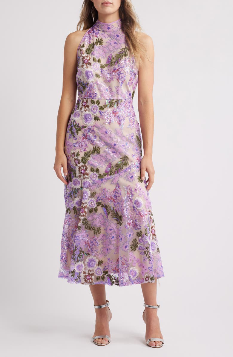 Sam Edelman Floral Sequin High Neck Dress, Main, color, Lavender Multi