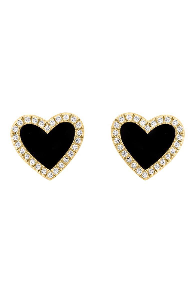 14K Yellow Gold Onyx & Diamond Halo Heart Stud Earrings, Alternate, color, BLACK