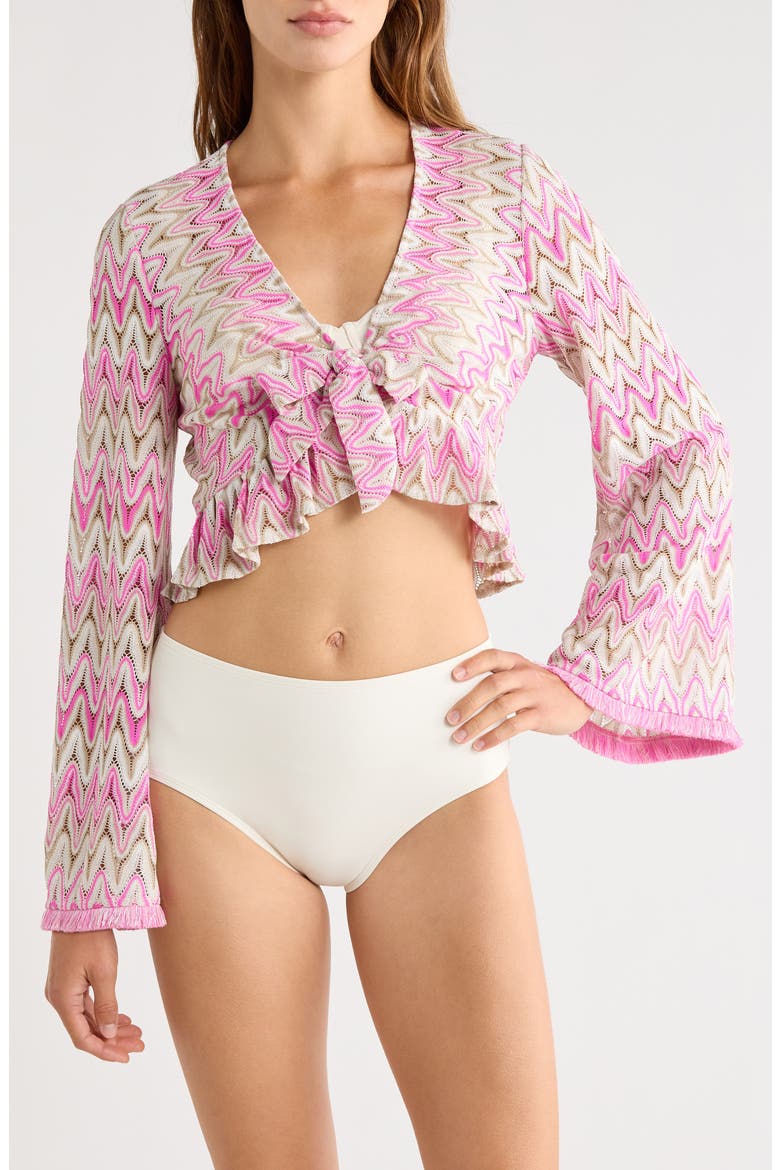 Kai Tie Metallic Front Long Sleeve Crop Cover-Up Top, Main, color, RADIANT PINK ZIGZAG