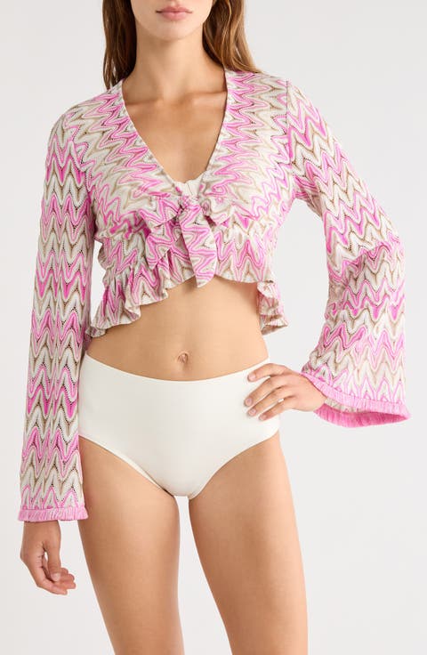 Kai Tie Metallic Front Long Sleeve Crop Cover-Up Top