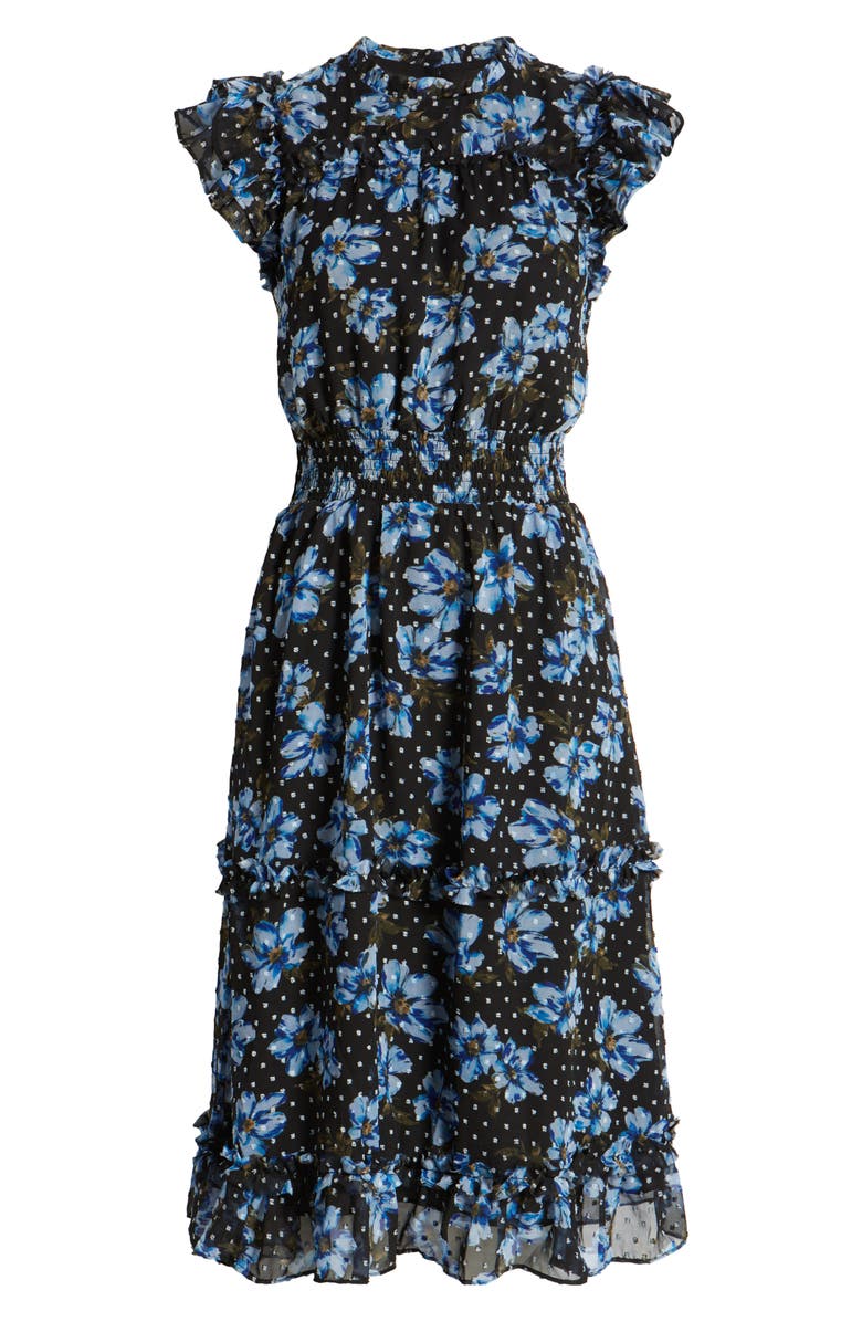 CeCe Floral Clip Dot Smocked Ruffle Midi Dress, Alternate, color,