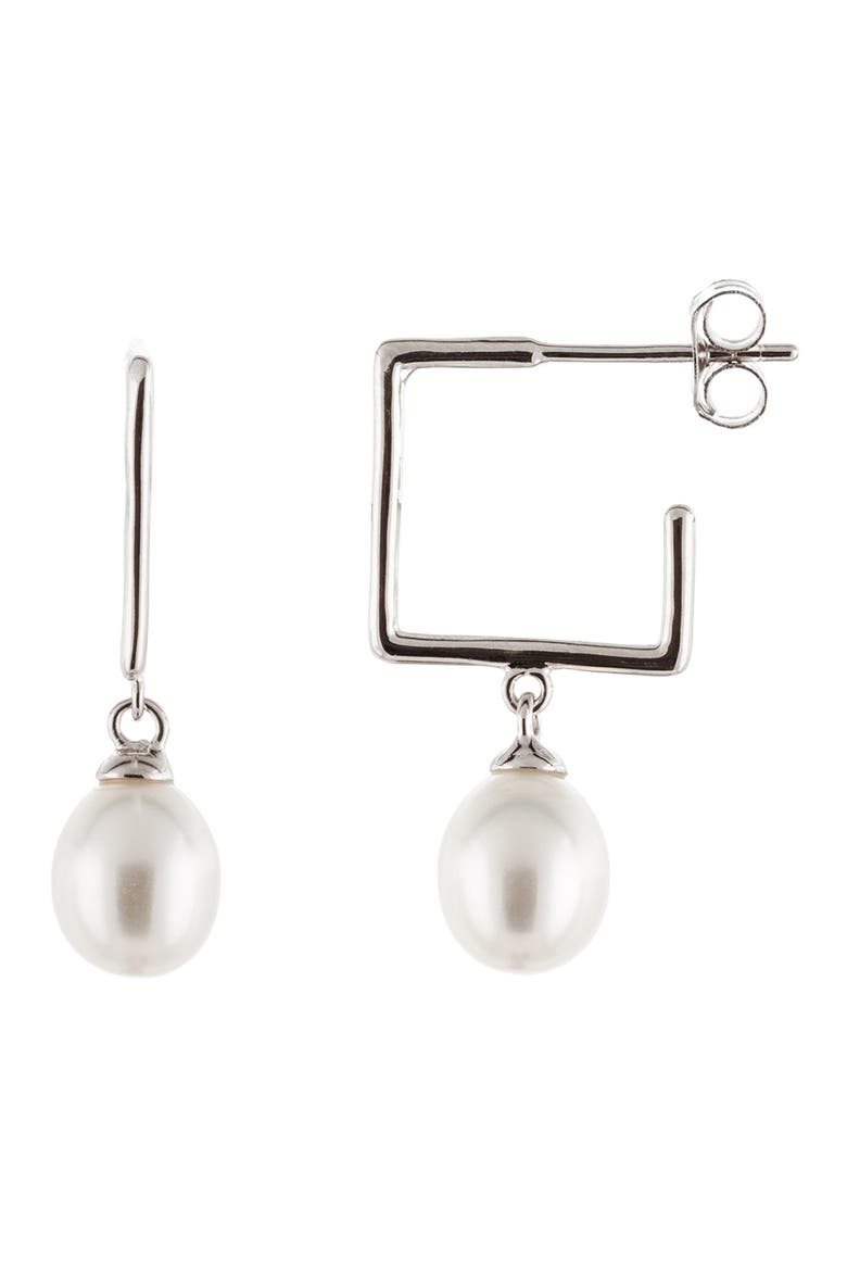 7.5-8mm Cultured Freshwater Pearl Drop Square Hoop Earrings, Main, color, NATURAL WHITE