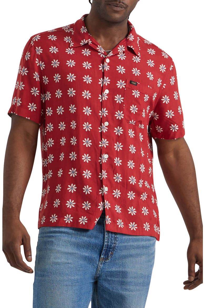 Floral Camp Shirt, Main, color, GARNET DAISY PRINT