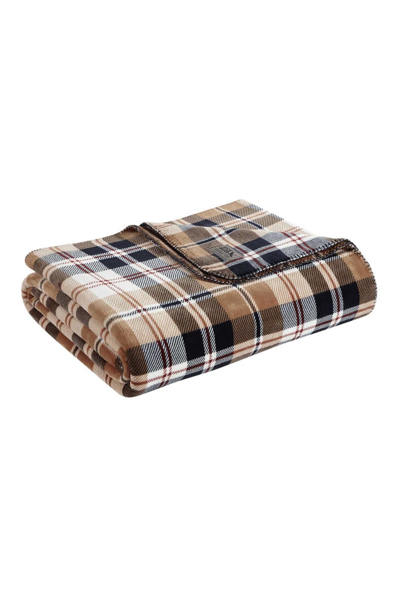 Trailhead Plaid Reversible Fleece Blanket, Main, color, DARK BEIGE