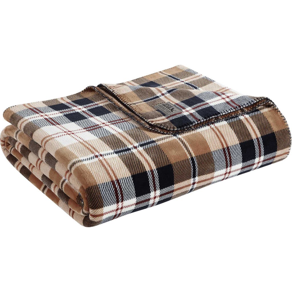 Eddie Bauer Trailhead Plaid Reversible Fleece Blanket In Dark Beige