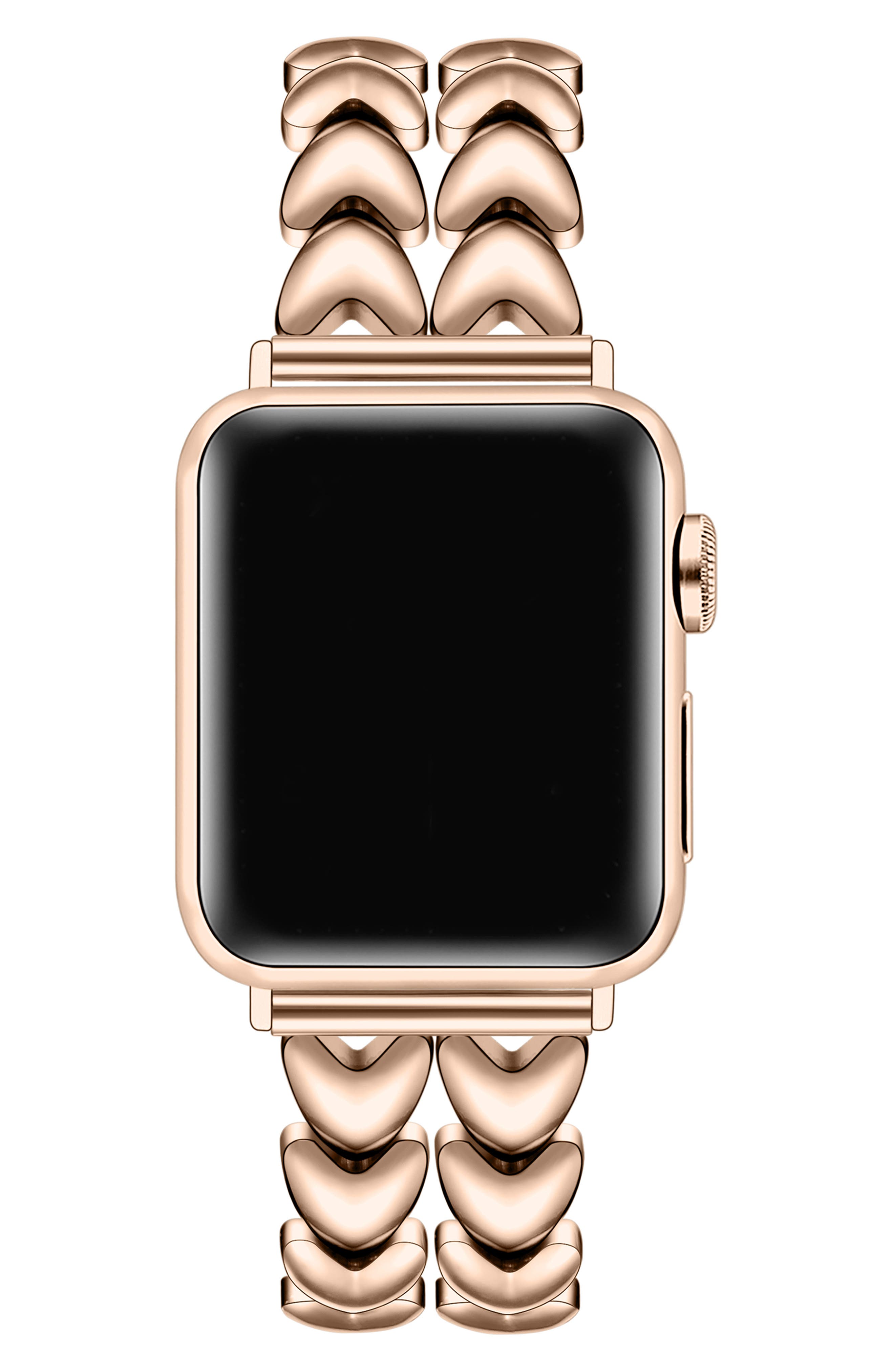 Rose-gold-tone heart-link bracelet band fitted to an Apple Watch