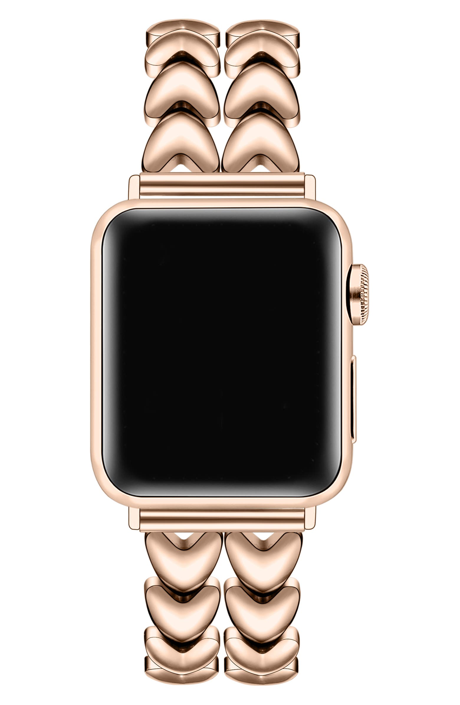 Rose-gold-tone heart-link bracelet band fitted to an Apple Watch