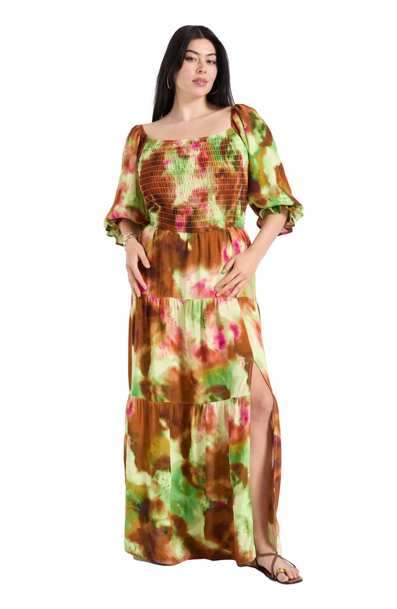 June + Vie Off-The-Shoulder Smocked Cropped Top, Main, color, Watercolor Tie Dye