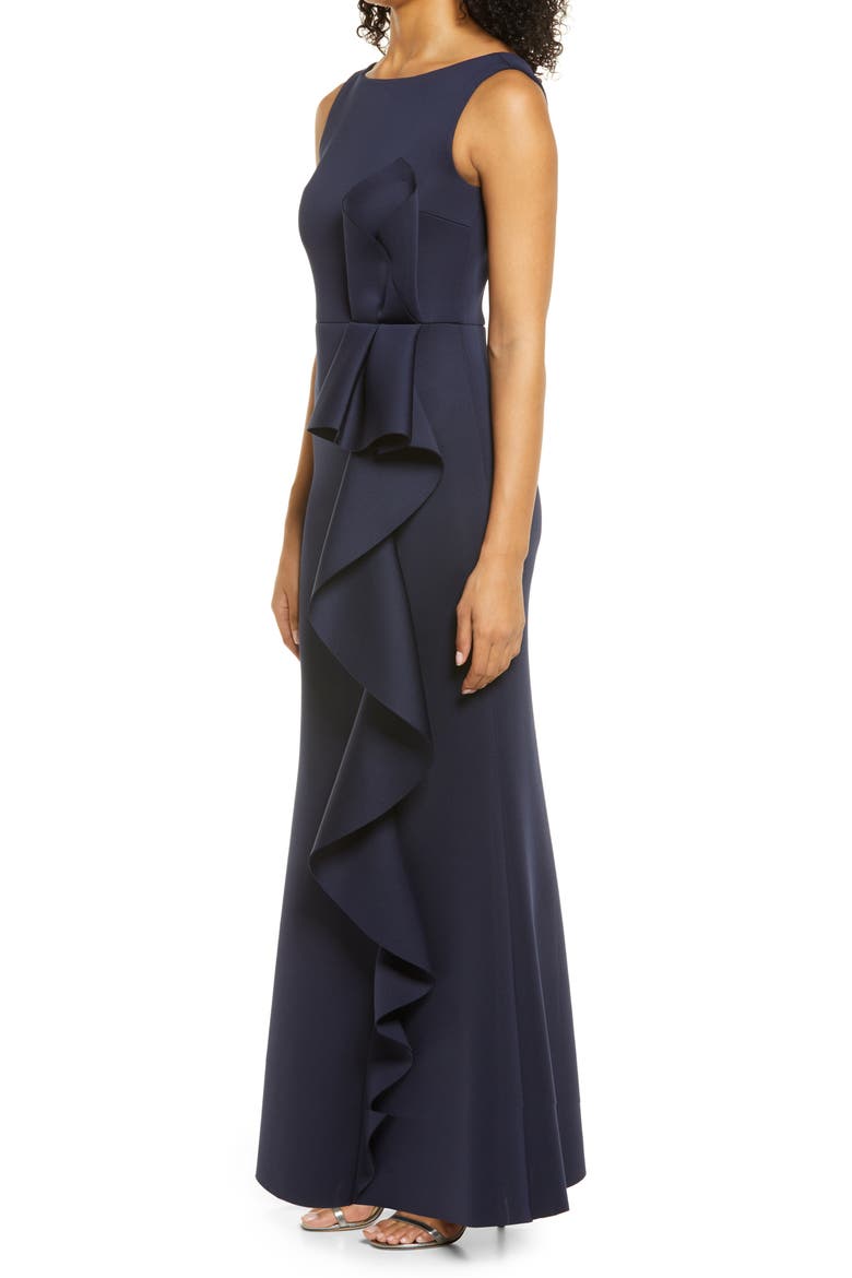 Ruffle Sleeveless Mermaid Gown, Alternate, color, NAVY